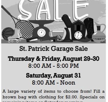 St. Patrick Garage Sale – Aug 29-31